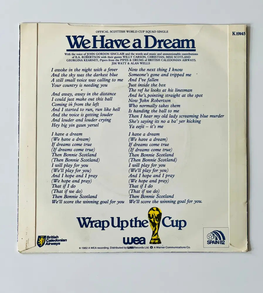 The Scottish World Cup Squad - We Have a Dream - 7in Single Picture Sleeve Single
