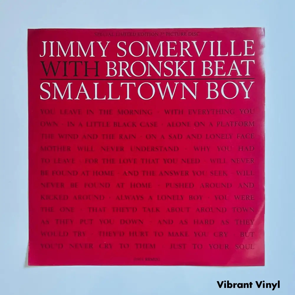 Jimmy Somerville with Bronski Beat - Smalltown Boy - 7in Single Picture Disc Vinyl Single